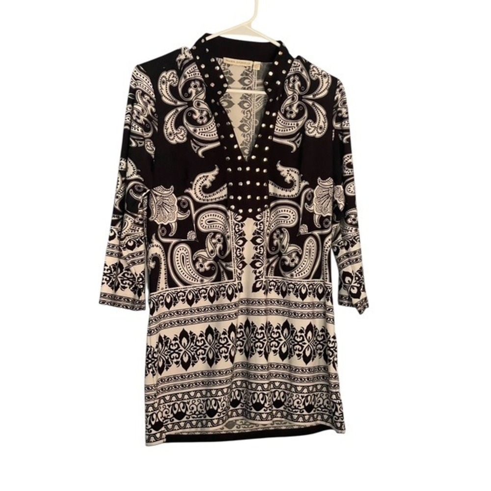 Maria Gabrielle Tunic Dress Paisley Print Studded Neck 3/4 Sleeve L